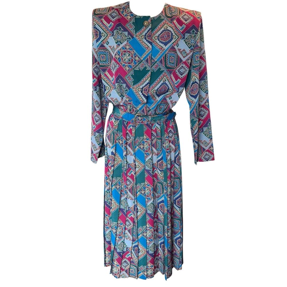 Leslie Fay Dress 10 Geometric Pleated L/S Belt Granny Core Secretary Retro Vtg